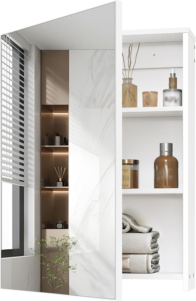 Wall-Mounted Bathroom Vanity with Mirror, Medicine Cabinet with Storage Function, Hanging Storage Cabinet, Adjustable Shelves, White