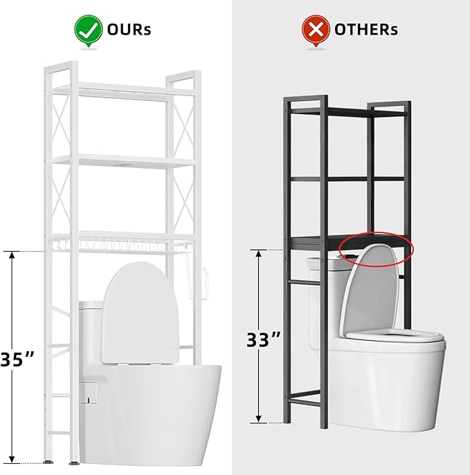 Over The Toilet Storage with X Shape Side Guardrail, 3-Tier Over Toilet Storage Rack with Drain Basket, Freestanding Bathroom Organizer for Balcony Laundry, Pure White