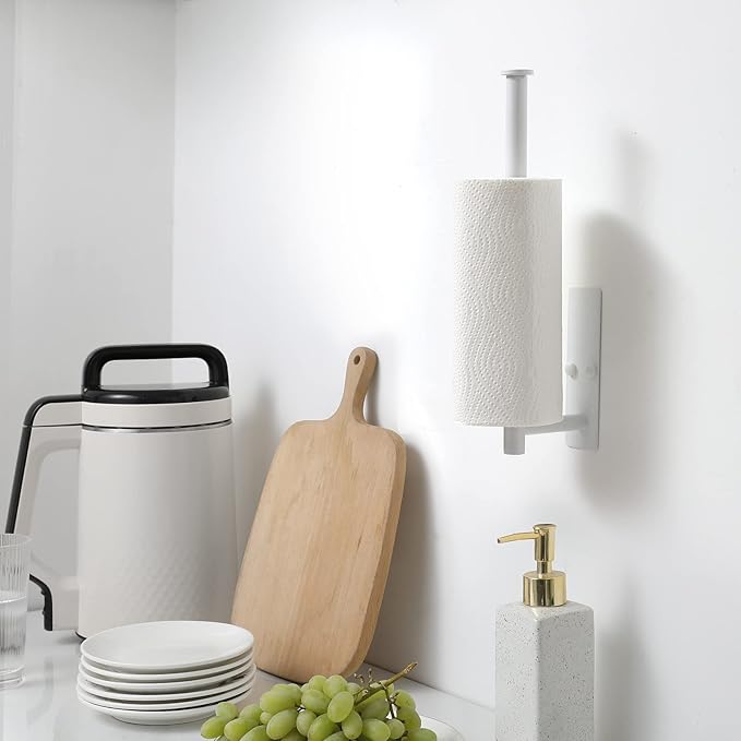 theaoo White Paper Towel Holder - Under Cabinet Paper Towel Holder for Kitchen, Adhesive Paper Towel Roll Rack for Bathroom Towel, Wall Mounted Matte Black Paper Towel Rack, SUS304 Stainless Steel