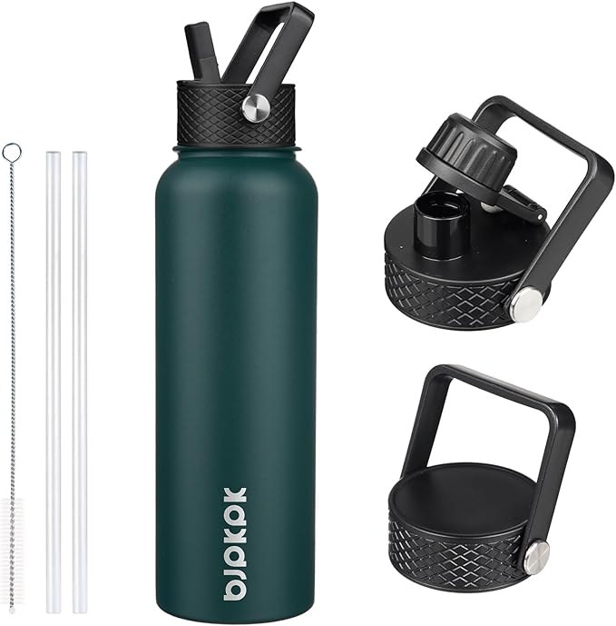 BJPKPK Insulated Water Bottles with Straw Lid, 40oz Stainless Steel Water Bottles with 3 Lids, BPA Free Leakproof Thermo, Tumblers, Cups for Sports, Gym- Army Green