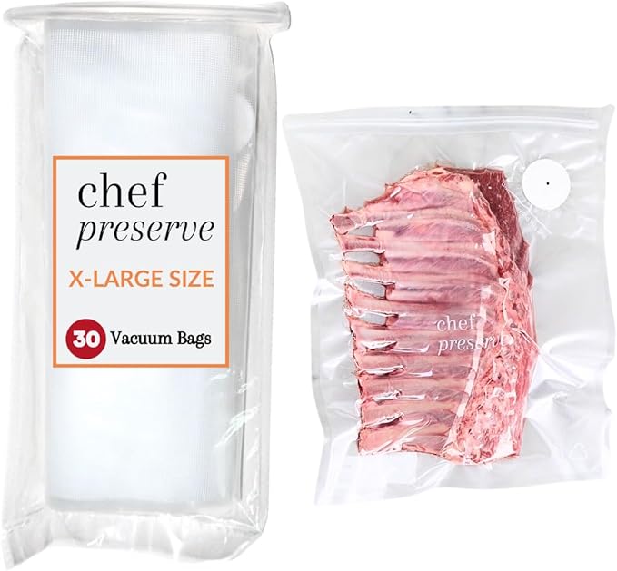 Chef Preserve Reusable Vacuum Sealer Bags for Food - 30 BPA-Free Small (8 x 10 in) Food Storage Bags, Freezer, Microwave - Odor-Resistant, Leak-Proof - Compatible with Chef Preserve Vacuum Sealers