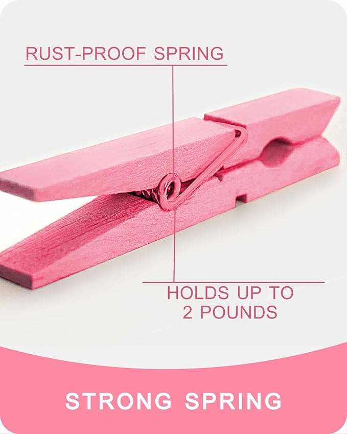 Clothes Pins, Pink Colored Wooden Clothespins for Baby Shower Game, Wreath, Crafts, Strong Grip Close Pins Birchwood Clips Clothespin Clothing Pegs for Hanging Clothing Photos, 2.83 Inch, Pack of 50