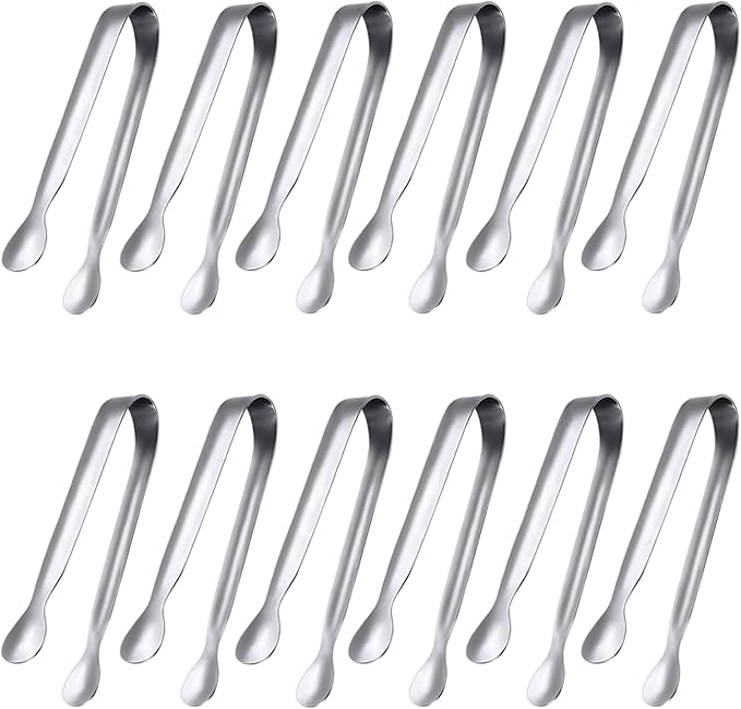 JCREN 12 Pack Mini Tongs - Small Stainless Steel Food Tongs for Serving Appetizers, Tea Party, Coffee, Desserts - 5 inch - Gold