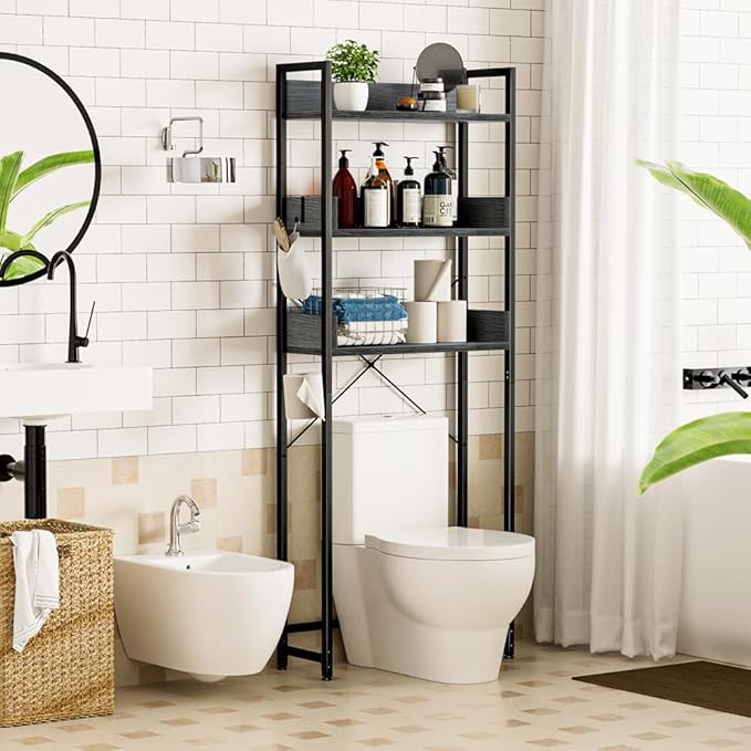 OTK Over-The-Toilet Storage, 3 Tier Bathroom Organizer Shelf, Freestanding Space Saver with Toilet Paper Holder, Multifunctional Over The Toilet Rack, Dark Grey