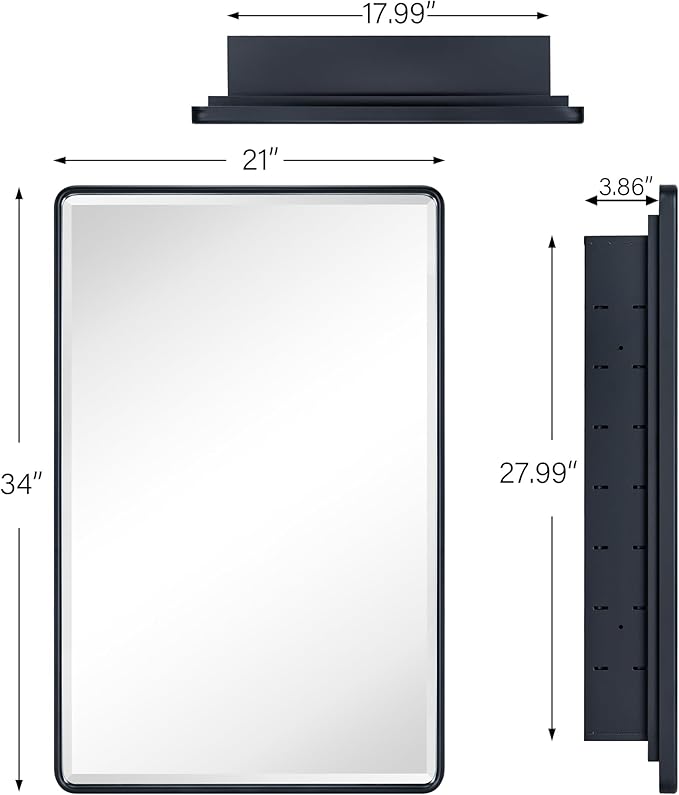 TEHOME Farmhouse Matt Black Recessed Bathroom Medicine Cabinet with Mirror Rounded Rectangle Metal Framed Medicine Cabinet with Beveled Mirror 21x34''