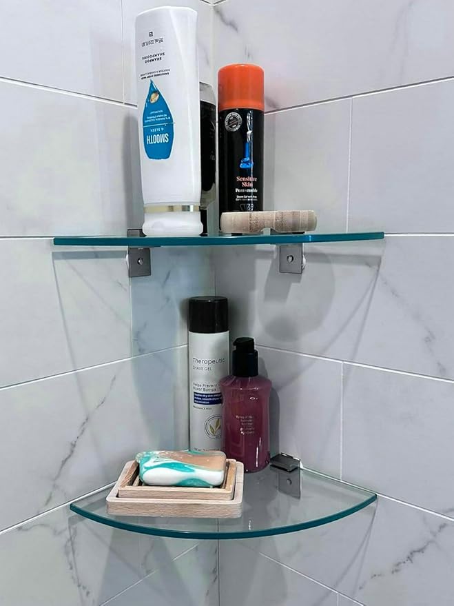 Tempered Glass Corner Shower Shelves for Inside Shower, 2-Pack No Drill Adhesive Bathroom Organizer, Rustproof Aluminum Brackets, Glass Shower Corner Shelf