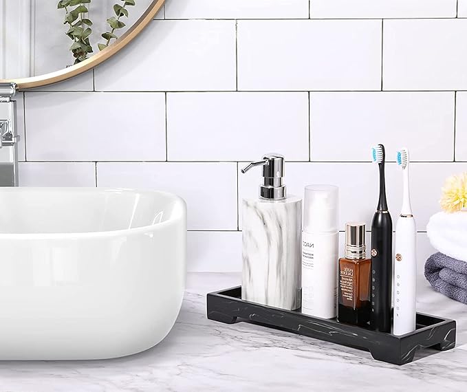 Luxspire Resin Vanity Tray, Bathroom Tray Toilet Tank Storage Tray, 11 x 4 inch Kitchen Sink Trays, Vanity Countertop Organizer for Candles Soap Towel Perfume Holder Jewelry Dish Decor, Ink Black