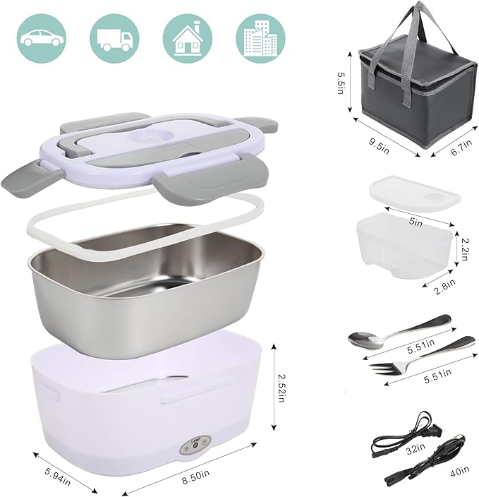 Electric Lunch Box Food Heater, 80W Heated Lunch Box for Adults, 12V 24V 110V Portable Food Warmer LunchBox for Car Truck Work with Removable 304 Stainless Steel Container White