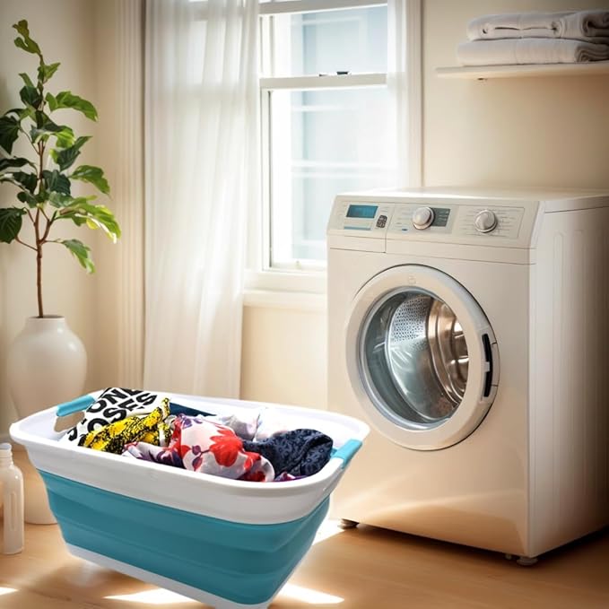 SAMMART 41L (10.8 gallon) Collapsible Plastic Laundry Basket-Foldable Pop Up Storage Container/Organizer-Portable Washing Tub-Space Saving, Water capacity: 32L (8.4 gallon) (Rectangular, Bright Blue)