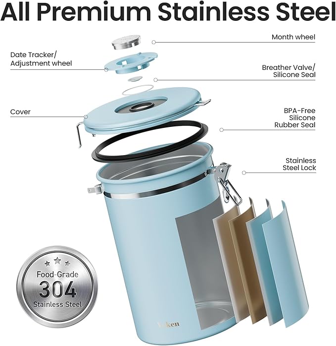 Veken Coffee Canister, 39OZ Large, Airtight Stainless Steel Food Storage Container for 2.2lbs Coffee Beans, Ground, Sugar, Tea, Cookie, Flour, Kitchen Bar Accessories with Date Tracker & Scoop, Blue