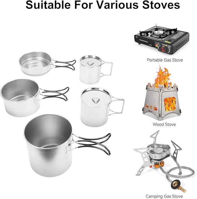 Aomiun 5PCS Stainless Steel Camping Cooking Set Cookware Mess Kit Cook Pots and Pan Set with Cups & Storage Bag, Lightweight Camping Cookware for Hiking Backpacking Outdoor Cooking and