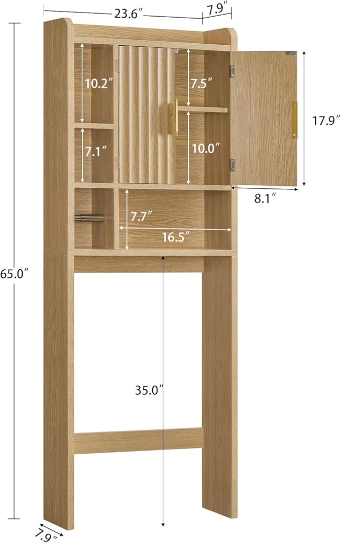 TEENFON Over The Toilet Storage Cabinet with 4 Open Shelves and Adjustable Shelf, Extra Tall Bathroom Organizer Unit with 2 Wood Doors, Home Space Saver for Bathroom, Laundry Room, Natural