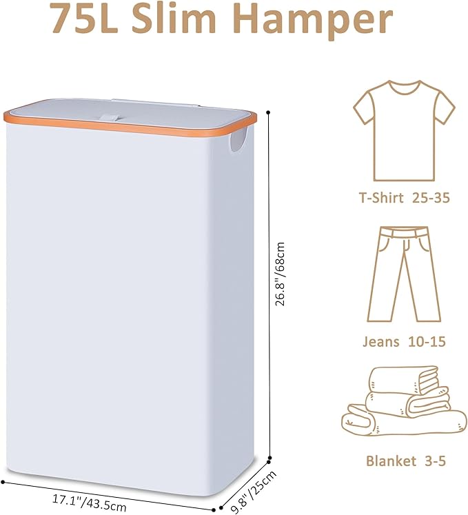 Slim Laundry Basket with Lid, Narrow Dirty Clothes Hampers for Laundry with Handle, Skinny Laundry Bin for Laundry Room, Dorm, Bedroom and Bathroom, 19.8 Gallon (75L) White