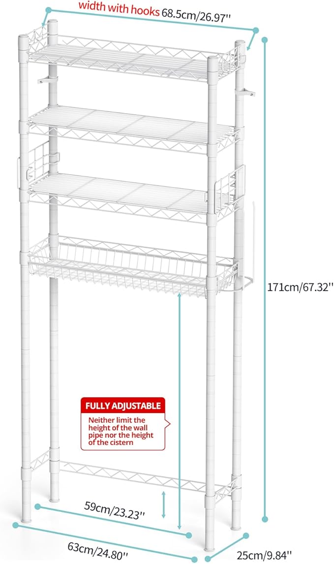 Over The Toilet Storage, Adjustable Bathroom Organizer Shelves Space Saver Over Toilet, Sturdy 4 Tier Above Toilet Storage Rack, Freestanding Over-The-Toilet Storage Shelf, White