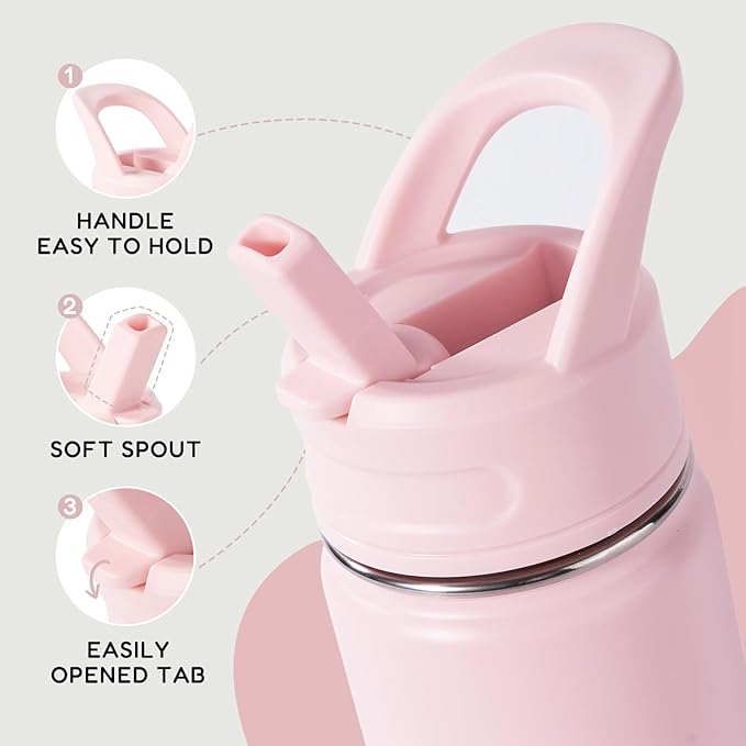 12oz Kids Water Bottle for School, Toddler Bottles with Straws, Stainless Steel Vacuum Insulated Water Bottle for Boys&Girls, Leak-Proof, BPA-Free, Pink