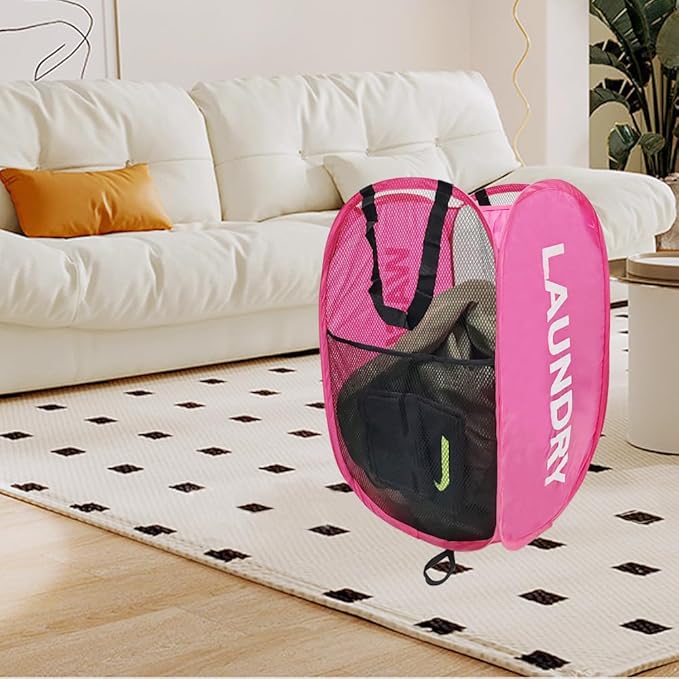 Pop Up Laundry Hamper Collapsible Laundry Basket Mesh Foldable Pink Dirty Clothes Hamper with Handles for Home, Bathroom, Bedroom, Travel, Cruise