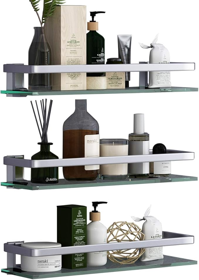 VOLPONE Bathroom Wall Shelf 15.7in Bathroom Glass Shelves Wall Mount Glass Shelf Rustproof Bathroom Wall Organizer 3 Tier (Sliver)