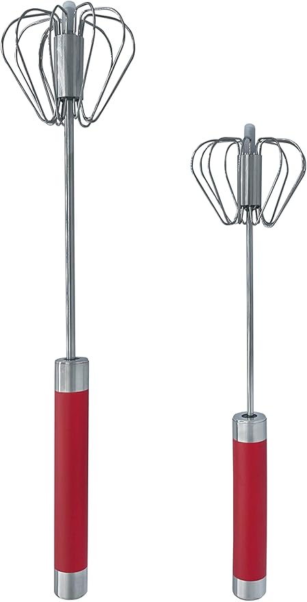 Balevi Stainless Steel Push Whisk - Easy to Use Manual Hand Mixer & Plunger Whisk - Make Froth, Foam & Whipped Cream - Semi Auto Egg Beater Plastic Tip Won’t Scratch Pans (2 Pack 10in & 12in) STEEL