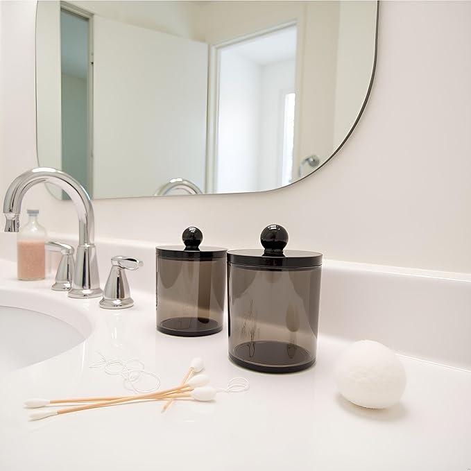WEISHI 4 Pack Qtip Holder Dispenser - Cotton Ball, Swab, Round Pads, Floss , Small Plastic Apothecary Jar Containers with Lids for Bathroom Storage and Organization, Vanity Organizer ( Black )