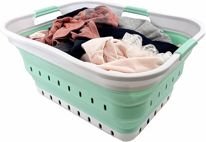 SAMMART 42L (11 gallon) Collapsible Plastic Laundry Basket - Foldable Pop Up Storage Container/Organizer - Portable Washing Tub - Space Saving Hamper/Basket (White/Pale Jade)