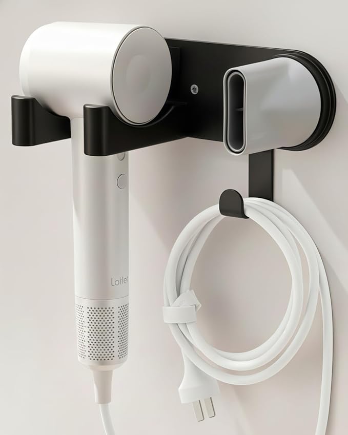 Hair Dryer Holder Wall Mounted, Hair Dryer Organizer Self Adhesive Compatible with Dyson Blow Dryer Holder Aluminum BlowDryer Holder Wall Mounted for Bathroom Black