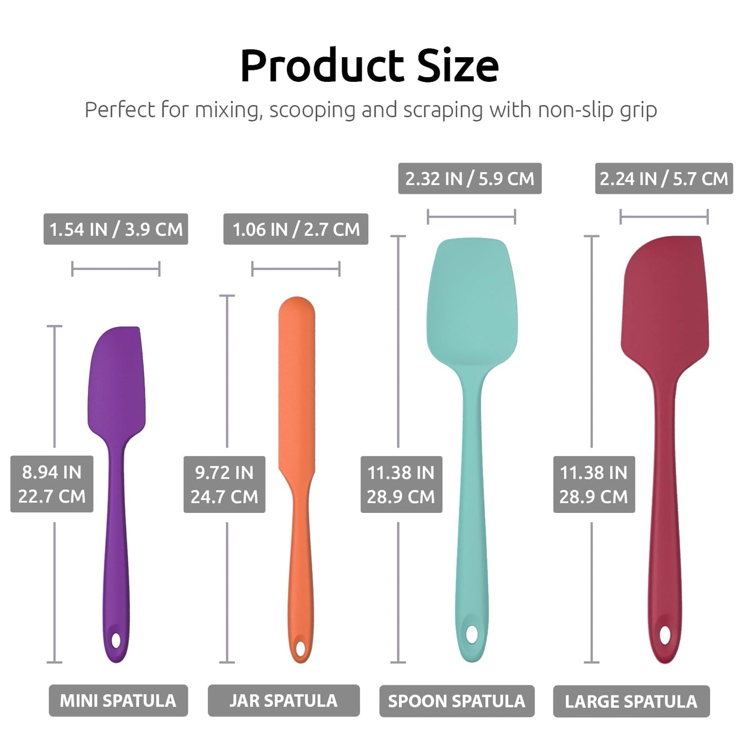 U-Taste 600°F Heat Resistant Food Grade Silicone Spatula, 4-Pcs, Multicolor