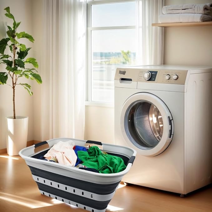 SAMMART 42L (11 gallon) Collapsible Plastic Laundry Basket - Foldable Pop Up Storage Container/Organizer - Portable Basket - Space Saving Hamper (Grey/Slate Grey (Set of 2))