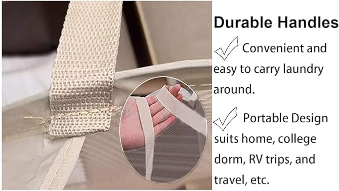 Larpur Popup Mesh Laundry Basket, Collapsible and Portable Clothes Washing Laundry Hamper with Reinforced Carry Handle (Beige)