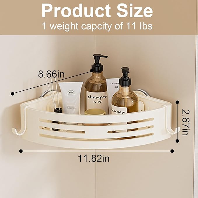ONXE Corner Shower Caddy Suction Cup,Shower Shelves with Hooks,No Drilling Powerful Suction Bathroom Organizers and Storage,Removable Waterproof Rustproof Metal Shower Bathroom Decor (2 Pack-White)