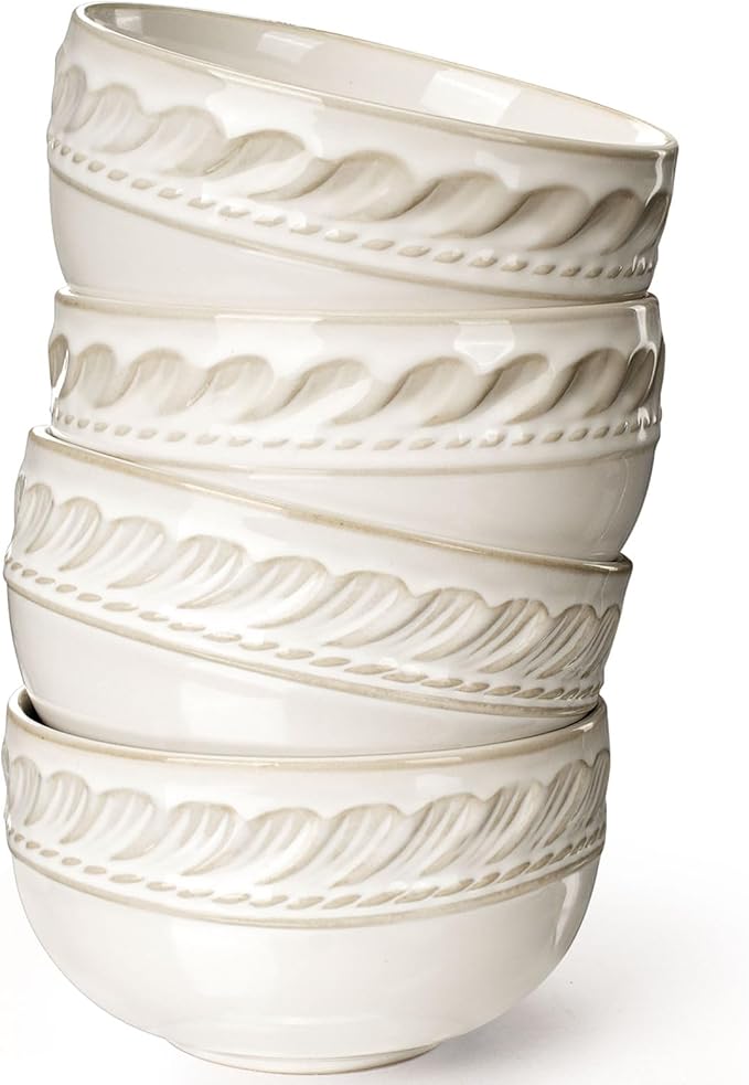 Artena Small Bowls Set of 4, 12 oz Ceramic Embossment Dessert Bowls, white Bowl for Kitchen, Ice Cream, Side Dishes, Rice, Cereal, Fruit, 4.5 Inch, Microwave & Dishwasher Safe, Wheat Leaf
