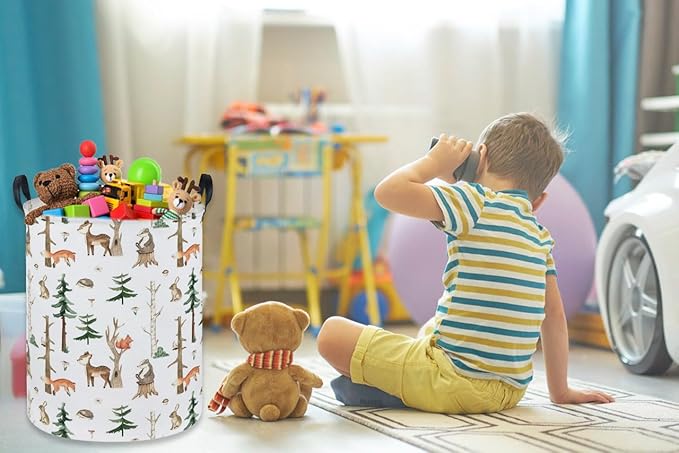 Kids Laundry Hamper,Animal Laundry Basket Collapsible Woodland Storage Baskets for Home Decor,Office,Home Organizer,(Woodland animal