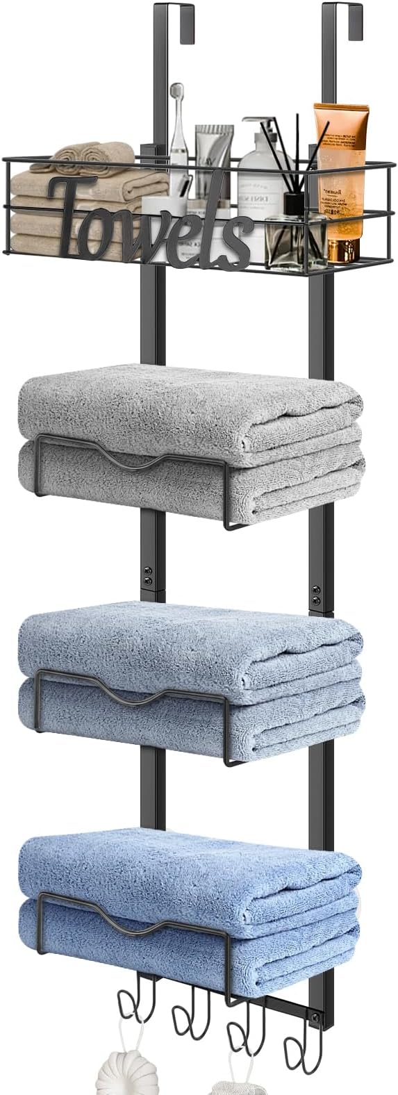 HarJue Over The Door Towel Racks, No Drill Towel Storage with Basket & Hooks, Space-Saving Multi-Functional Towel Holder for Bathrooms, bedrooms, Apartments, RVs (Matte Black)