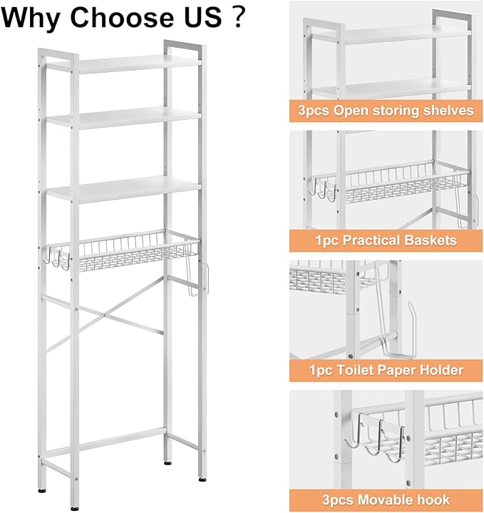 Over-The-Toilet Storage Rack, 4-Tier Bathroom Organizer Shelf Over Toilet with Adjustable Shelf and Basket, Freestanding Space Saver Bathroom Shelves Above Toilet for Room (Pure White)