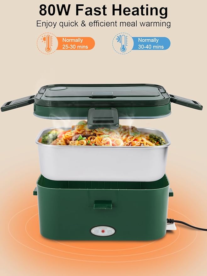 1.8L Heated Lunch Box, 80W Electric Lunch Box with Long-handled Utensils for Adults, 12V/24V/110V Lonchera Eléctrica Portátil, Portable Food Warmer for Car/Truck/Office (Green)