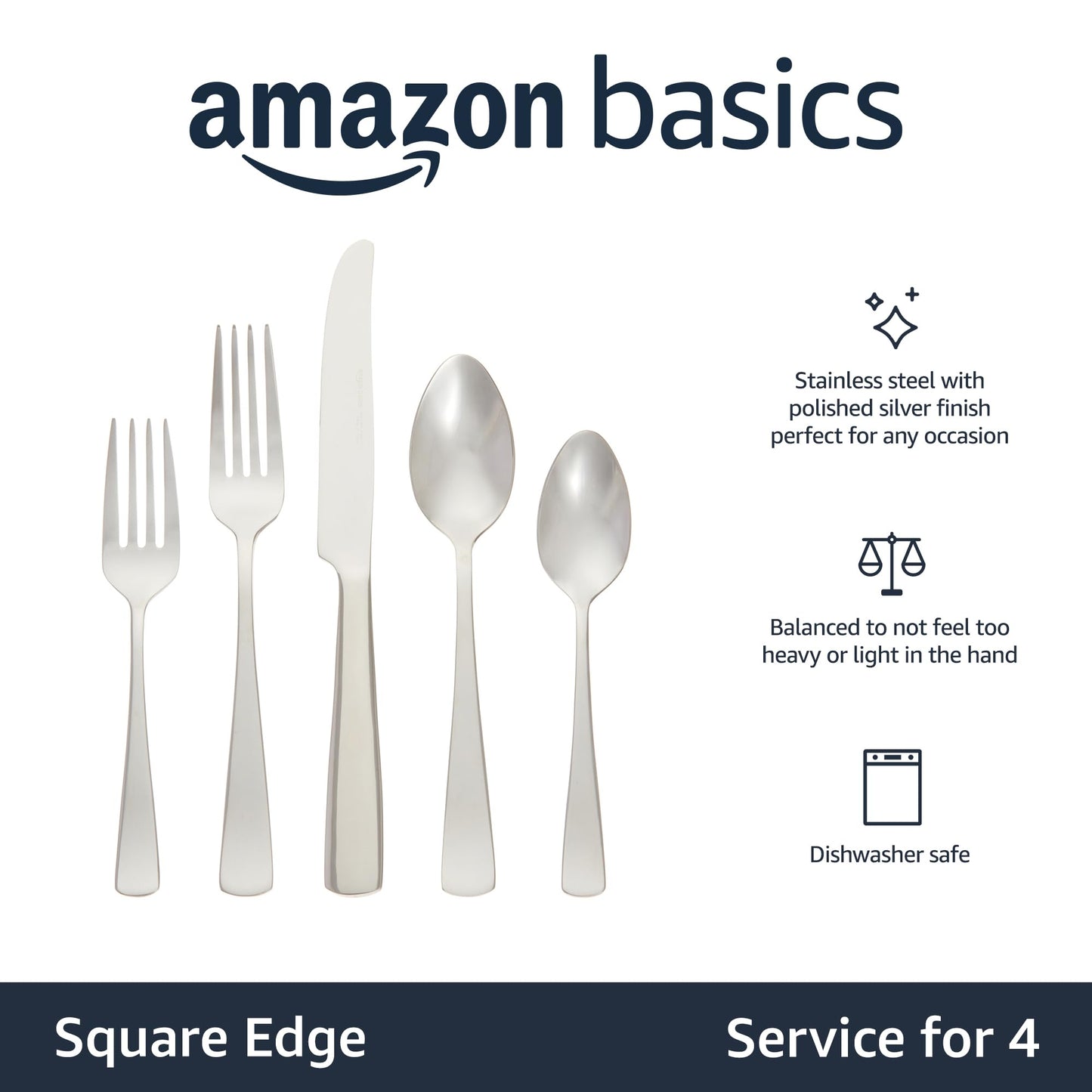 Amazon Basics 20-Piece Stainless Steel Flatware Set with Square Edge, Dishwasher Safe, Simple Design, Service for 4, Silver