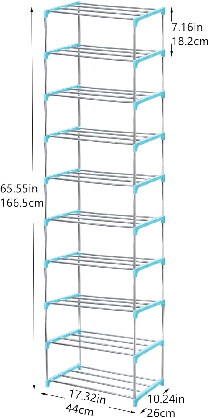 Stackable Small Shoe Rack, Entryway, Hallway and Closet Space Saving Storage and Organization (10-Tier, Blue)