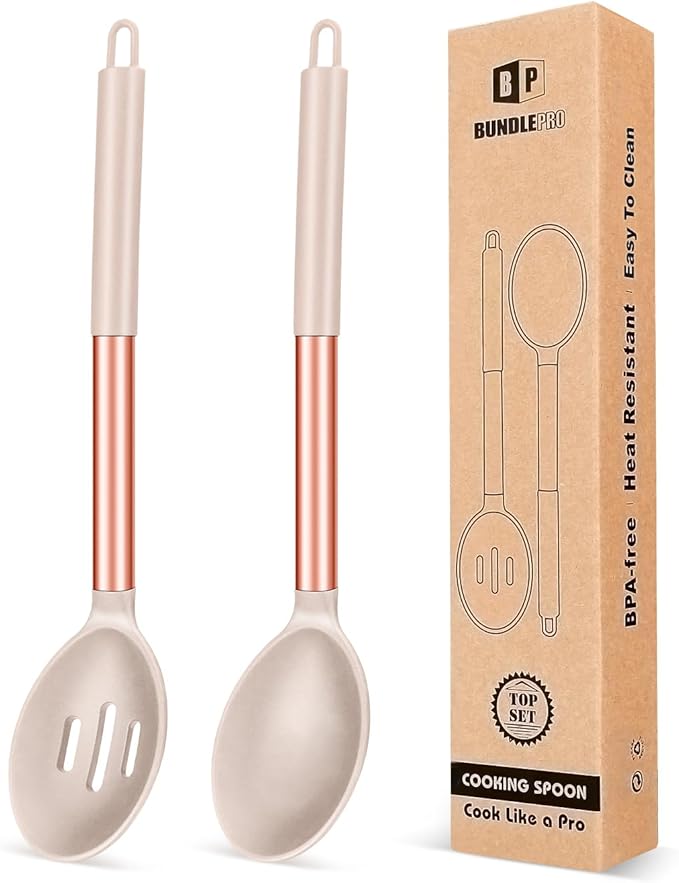 BUNDLEPRO Silicone Cooking Spoons for Nonstick Cookware, 2 Pack, KHAKI