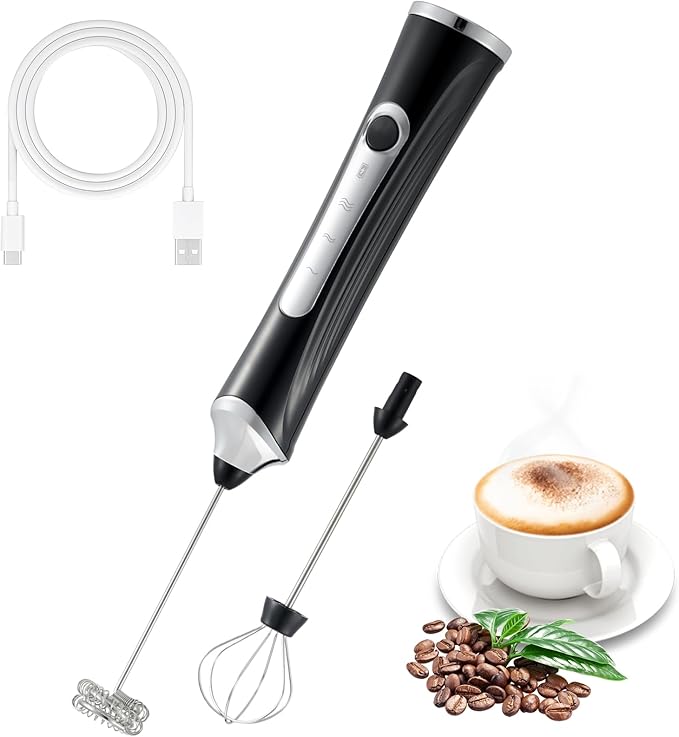 Freebala Handheld Electric Milk Frother with 2 Heads, Coffee Whisk Foam Mixer with USB Rechargeable 3 Speeds, Foam Maker Blender for Latte, Cappuccino, Hot Chocolate, Egg