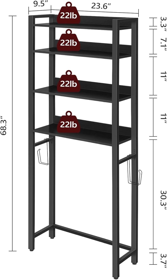 Over The Toilet Storage Rack, 4 Tier Bathroom Organizer Over Toilet, Freestanding Space Saver Toilet Stand with 2 Hooks, Bathroom Storage Shelf, Easy to Assemble, Black TSHB0401