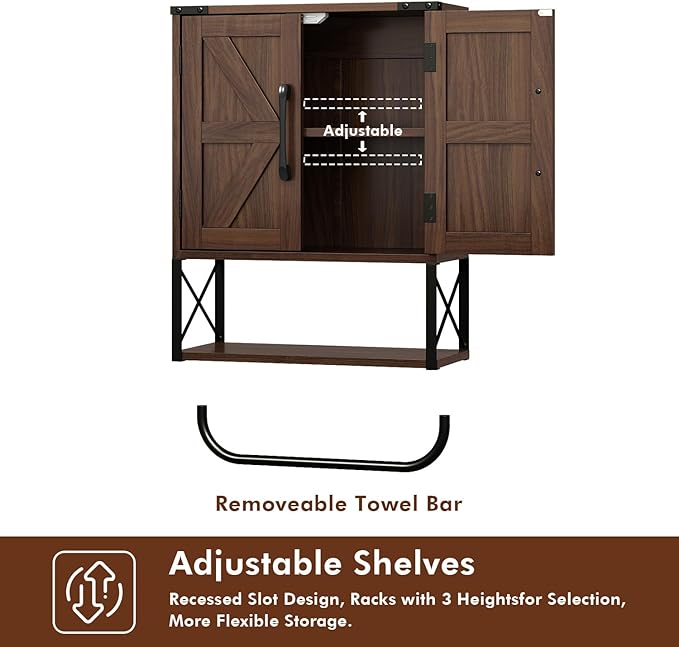RUSTOWN Farmhouse Rustic Medicine Cabinet with Two Barn Door,Wood Wall Mounted Storage Cabinet with Adjustable Shelf and Towel Bar, 3-Tier Cabinet for Bathroom(Dark Walnut)