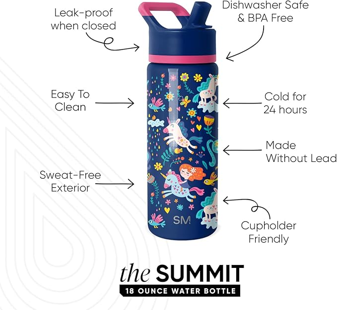Simple Modern Kids Summit Water Bottle with Straw Lid | 18oz Stainless Steel Tumbler for Toddlers, School | Unicorn Rainbows