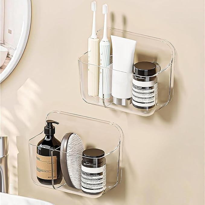 Diesisa 2pc Acrylic Wall Mount Organizer, Adhesive Clear Cabinet Door Organizer,Bathroom Shelves for Wall,No Drilling Hang Walls,with 2 Compartments, for Bathroom, Kitchen, Living Room
