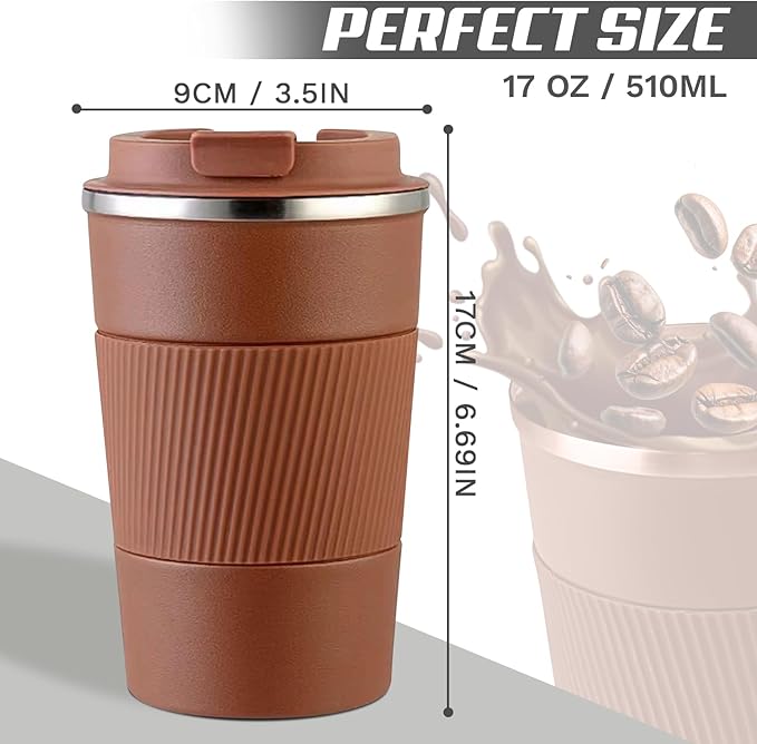 Vacuum-Insulated Stainless Steel Travel Coffee Mug, Leak-Proof Reusable Coffee Cup with Lid -Keep Hot & Cold Drinks for Hours, Durable Insulated Tumbler for Men & Women(3rd-Light Coffee, 17OZ)