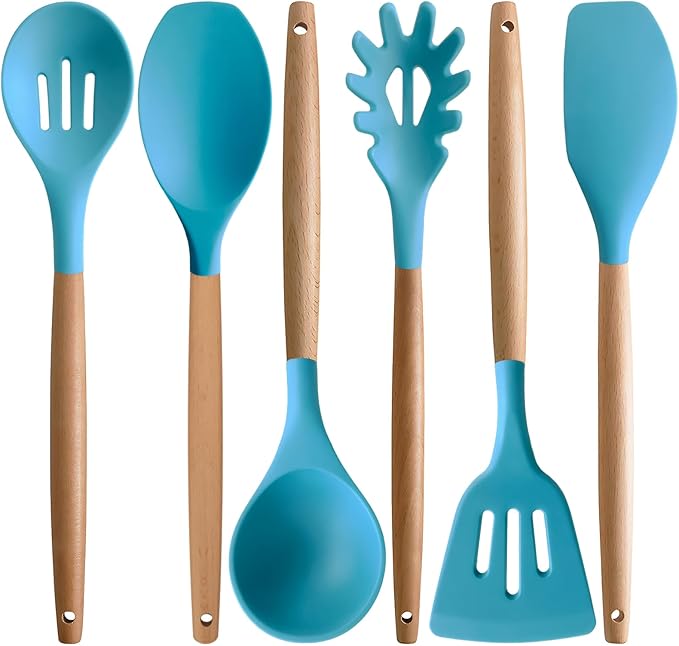 IOCBYHZ Silicone Cooking Utensils Set 5Pcs Non-Stick Silicone Kitchen Utensils for Cooking, Heat Resistant Kitchen Gadgets Spatula Spoon Turner Set with Wooden Handles for Non-Stick Cookware BPA Free