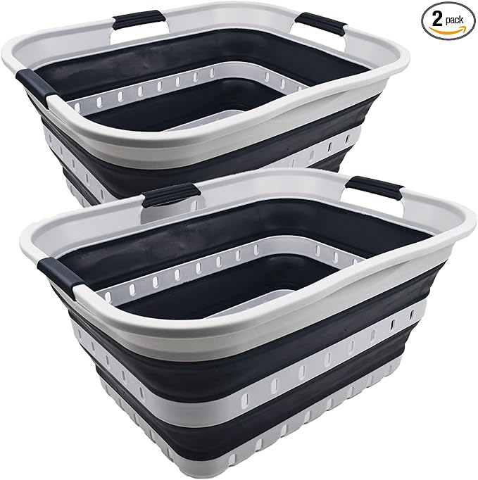SAMMART 42L (11 gallon) Collapsible Plastic Laundry Basket - Foldable Pop Up Storage Container/Organizer - Portable Basket - Space Saving Hamper (Grey/Slate Grey (Set of 2))
