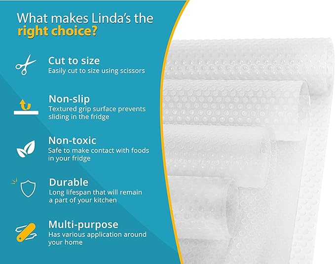 Refrigerator Liners for Shelves (12 Pack) by Linda’s Essentials - Non-Adhesive Shelf or Drawer Liner, BPA-Free Fridge Mats for Kitchen & Cabinets, Easy to Clean, Ideal Household Essentials (Clear)