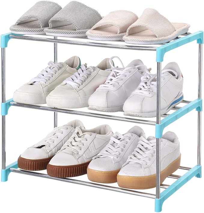 Stackable Small Shoe Rack, Entryway, Hallway and Closet Space Saving Storage and Organization (3-Tier, Blue)