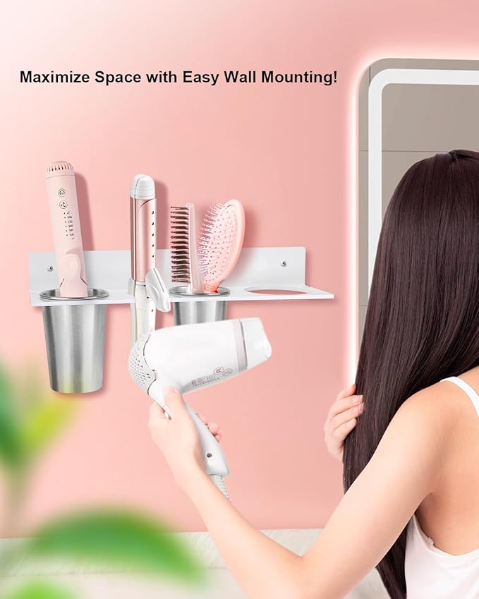 Hair Tool Organizer, Hair Dryer Holder with Heatproof Steel Cups, Acrylic Vanity Organizer for Curling Iron, Flat Iron & Hair Brushes, Perfect for Bathroom (White, Oversized)