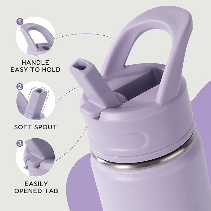12oz Kids Water Bottle for School, Toddler Bottles with Straws, Stainless Steel Vacuum Insulated Water Bottle for Boys&Girls, Leak-Proof, BPA-Free, Lavender