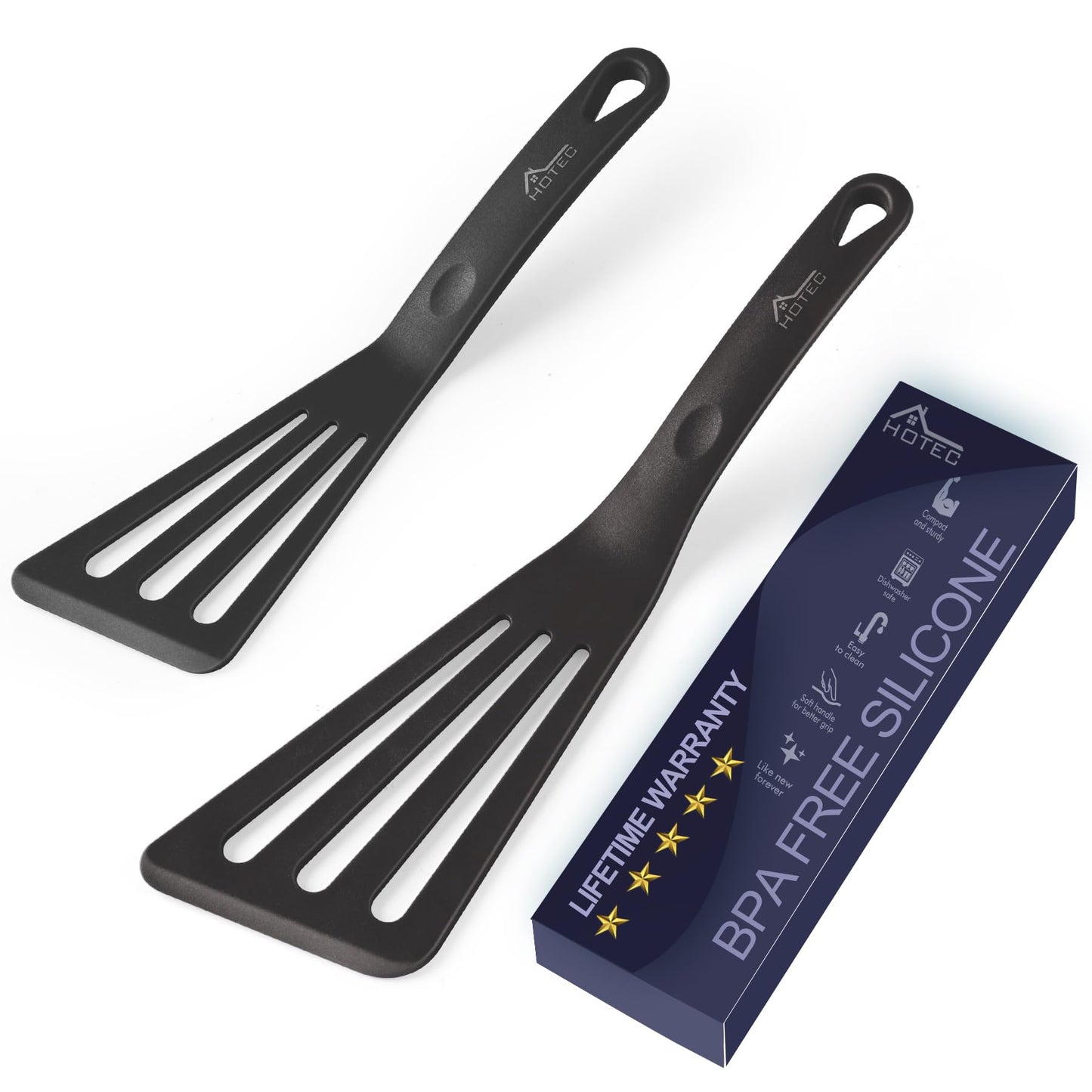 HOTEC 600℉ Heat Resistant Silicone Slotted Fish Turner Spatula Set, BPA Free Kitchen Cooking Spatulas, for Non Stick Cookware Dishwasher Safe Classic Blue, set of 2